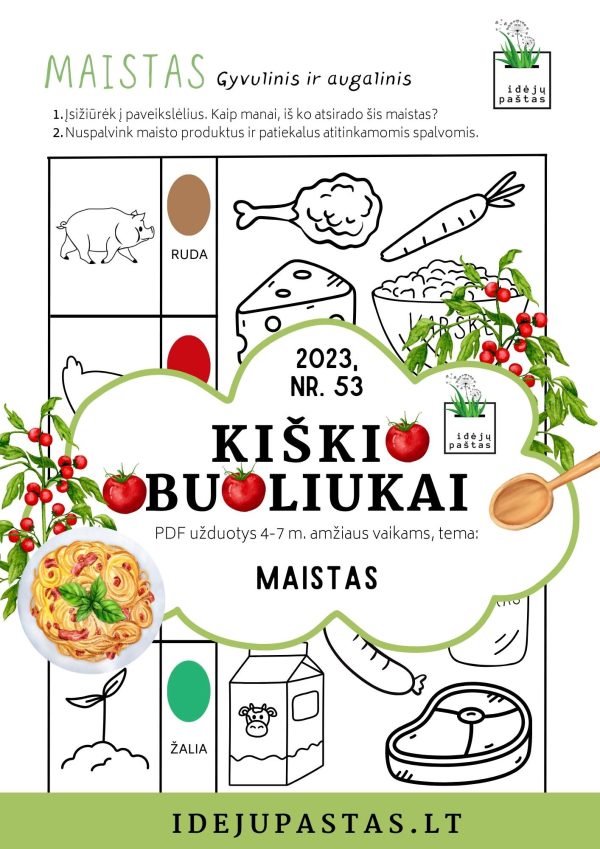 PDF užduotys vaikams gyvulinės ir augalinės kilmės maisto produktai