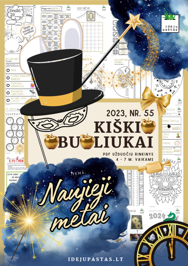 KIŠKIO OBUOLIUKAI Nr. 55 Naujieji metai UŽDUOTYS užduotys vaikams žaidimai burtai NAUJIEJI METAI