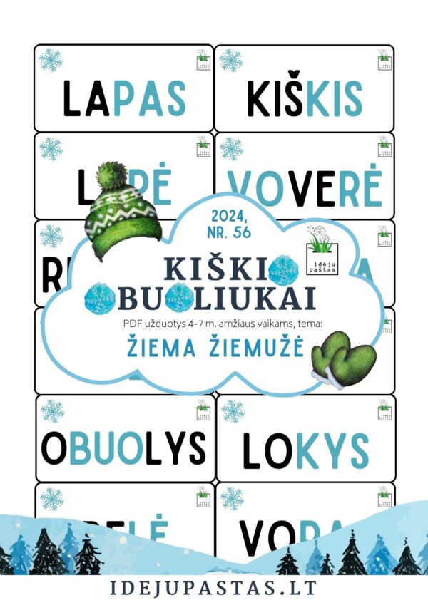 ŽIEMA ŽIEMUŽĖ pdf užduotys apie žiemą SKAITYMO KORTELĖS