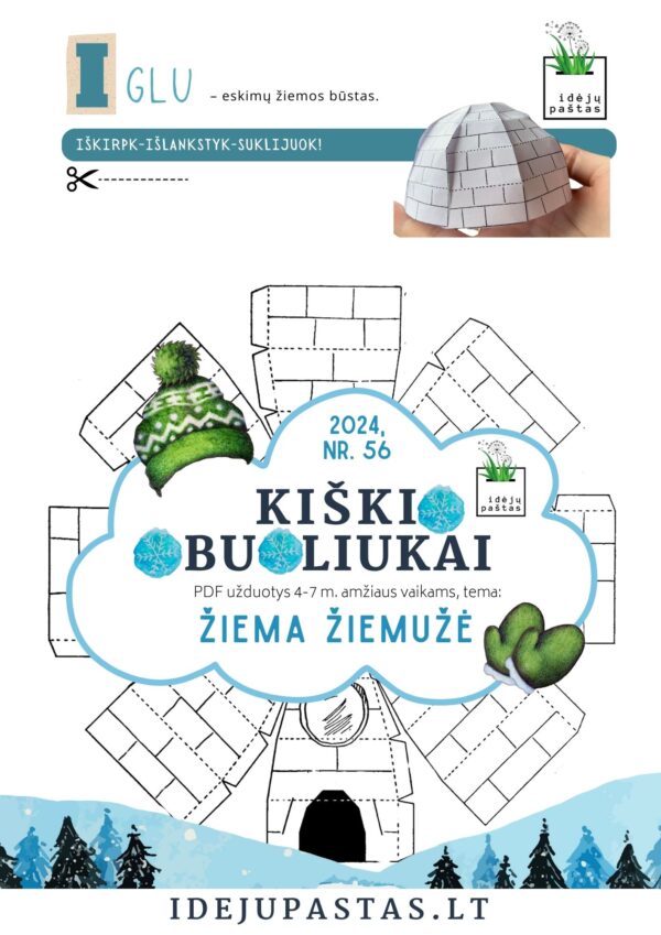 ŽIEMA ŽIEMUŽĖ pdf užduotys apie žiemą iglu trafaretas išlankstyti