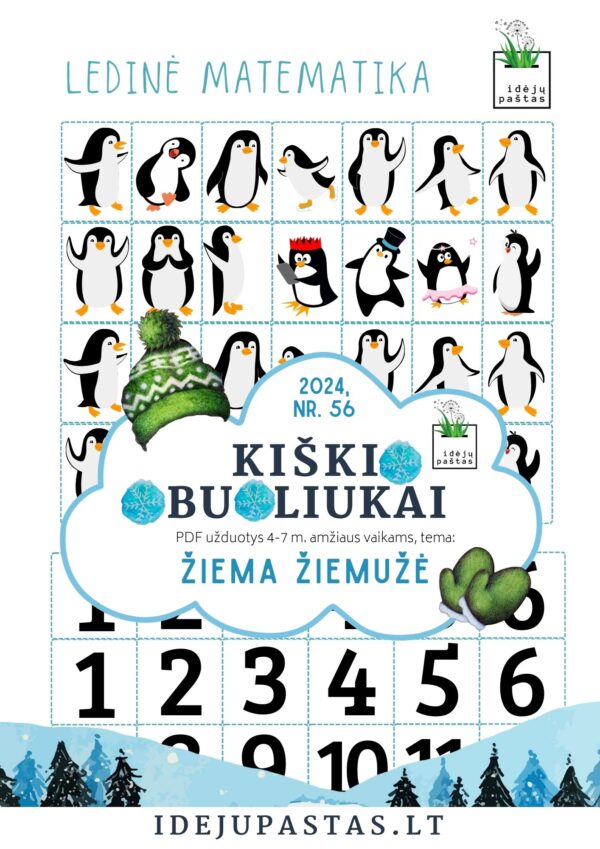 ŽIEMA ŽIEMUŽĖ pdf užduotys apie žiemą pingvinai skaičiavimas