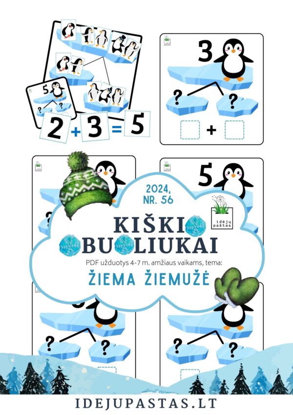 ŽIEMA ŽIEMUŽĖ pdf užduotys apie žiemą pingvinai skaičiavimas