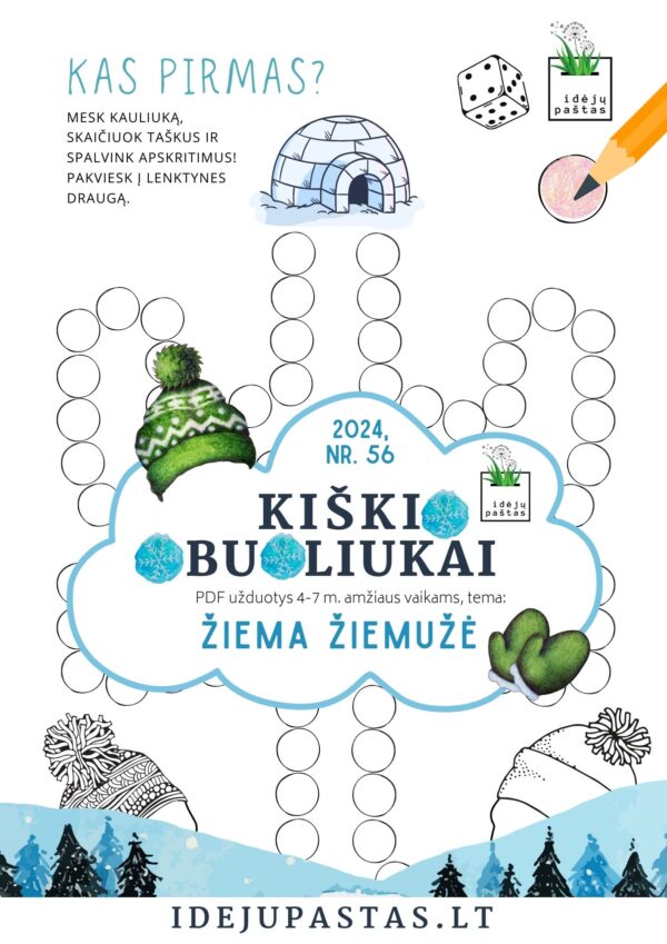 ŽIEMA ŽIEMUŽĖ pdf užduotys apie žiemą lenktynės kauliuko žaidimas