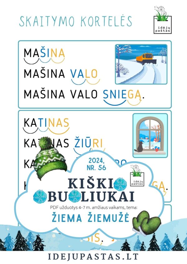 ŽIEMA ŽIEMUŽĖ pdf užduotys apie žiemą lenktynės kauliuko žaidimas skaitymo kortelės sakiniai