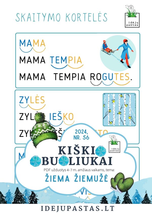 ŽIEMA ŽIEMUŽĖ pdf užduotys apie žiemą lenktynės kauliuko žaidimas skaitymo kortelės sakiniai