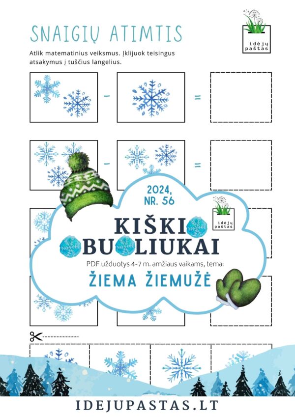 ŽIEMA ŽIEMUŽĖ pdf užduotys apie žiemą lenktynės kauliuko žaidimas skaičiavimas