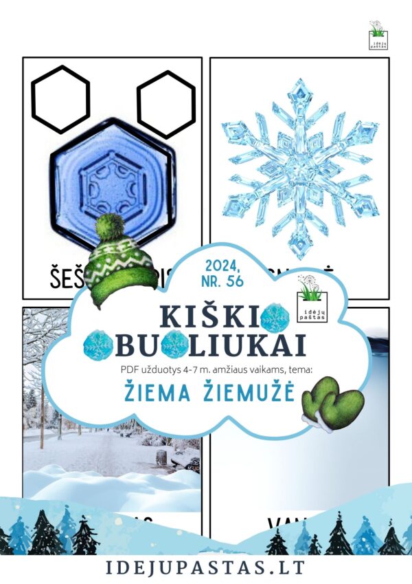 ŽIEMA ŽIEMUŽĖ pdf užduotys apie žiemą lenktynės sniego būsenų tyrinėjimo kampelis