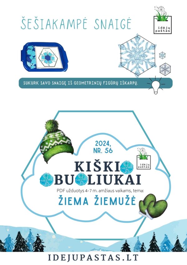 ŽIEMA ŽIEMUŽĖ pdf užduotys apie žiemą šešiakampis mandala snaigė