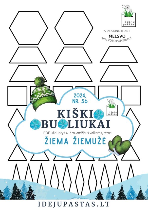 ŽIEMA ŽIEMUŽĖ pdf užduotys apie žiemą šešiakampis mandala snaigė formos