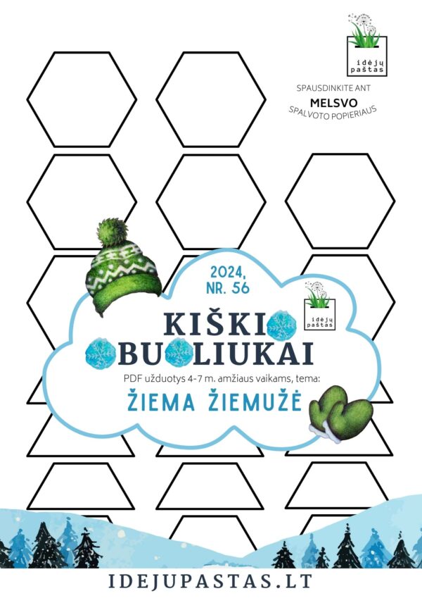 ŽIEMA ŽIEMUŽĖ pdf užduotys apie žiemą šešiakampis mandala snaigė formos