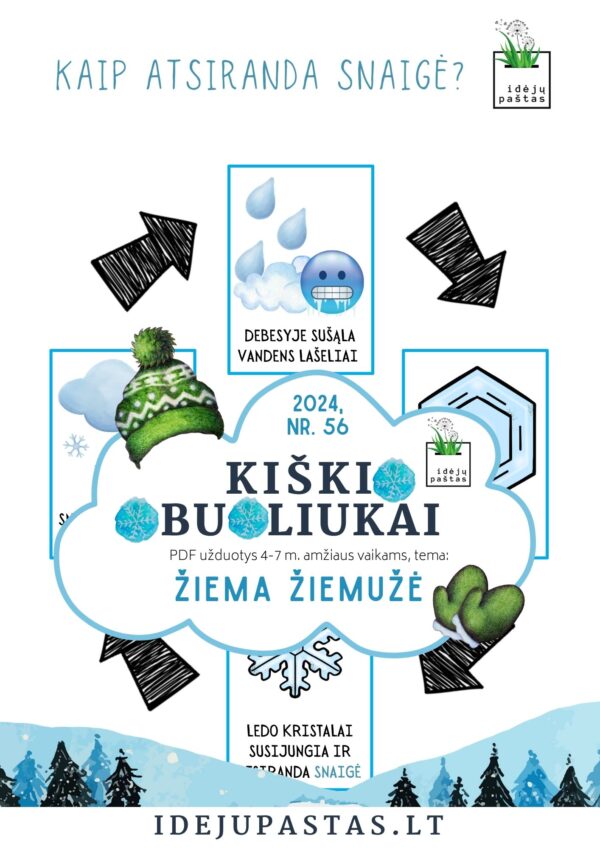 ŽIEMA ŽIEMUŽĖ pdf užduotys apie žiemą kaip atsiranda snaigės