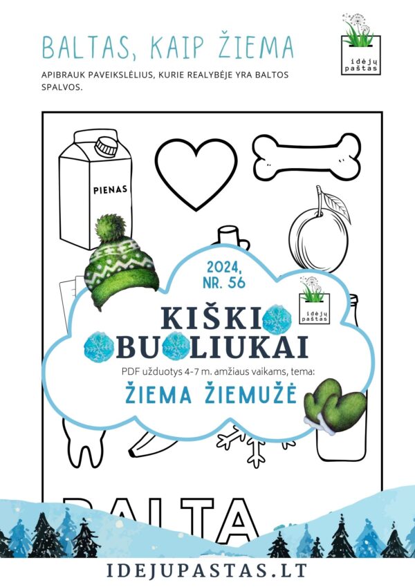 ŽIEMA ŽIEMUŽĖ pdf užduotys apie žiemą BALTA SPALVA