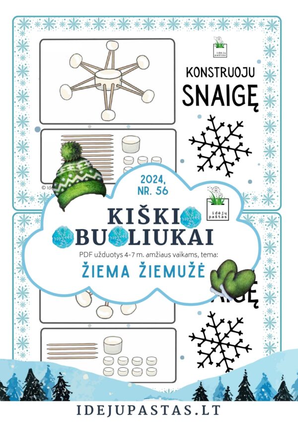 ŽIEMA ŽIEMUŽĖ pdf užduotys apie žiemą STEAM užduotis snaigės konstravimas