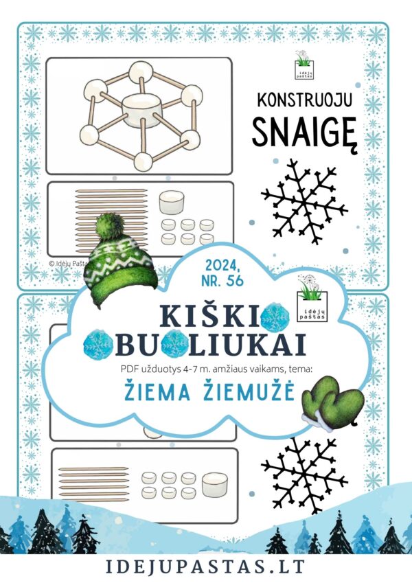 ŽIEMA ŽIEMUŽĖ pdf užduotys apie žiemą STEAM užduotis snaigės konstravimas