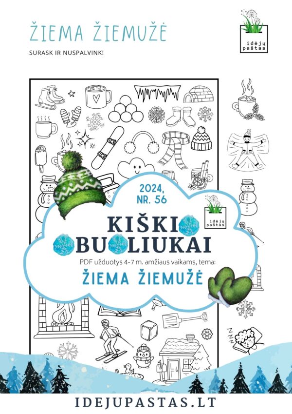 ŽIEMA ŽIEMUŽĖ pdf užduotys apie žiemą SURASK IR NUSPALVINK