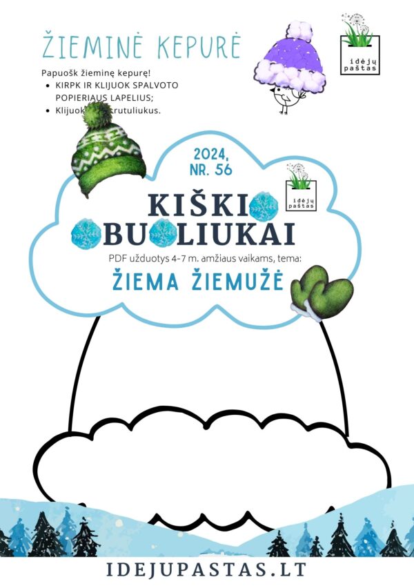 ŽIEMA ŽIEMUŽĖ pdf užduotys apie žiemą KŪRYBINIS DARBELIS TRAFARETAS