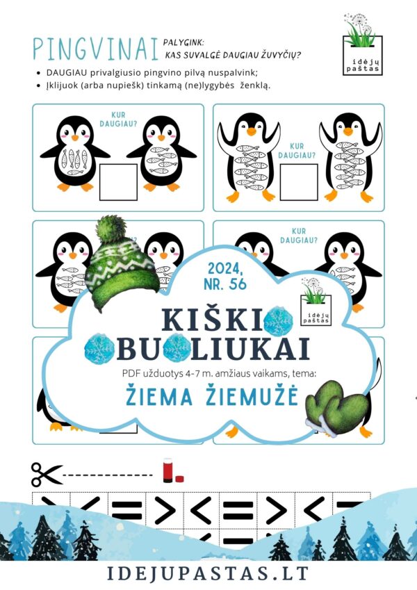 ŽIEMA ŽIEMUŽĖ pdf užduotys apie žiemą daugiau mažiau