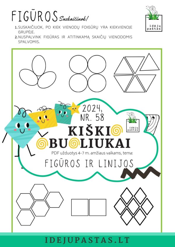 skaičiavimas_ geometrinės figūros ir linijos užduotys pdf vaikams