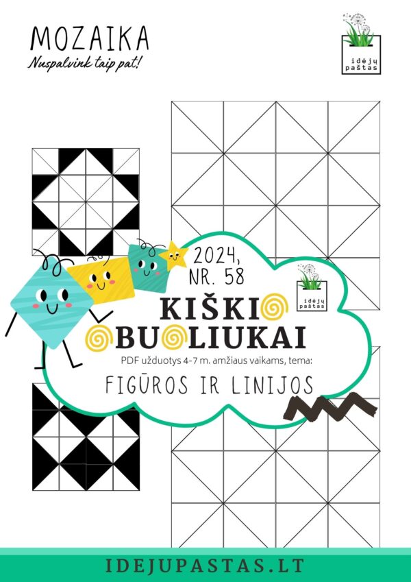 MOZAIKA // geometrinės figūros ir linijos užduotys pdf vaikams
