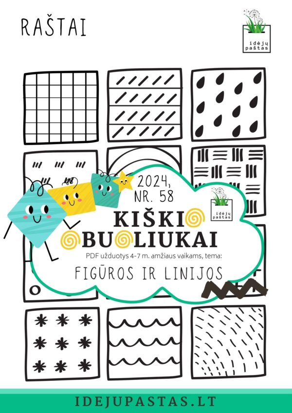 RAŠTAI // geometrinės figūros ir linijos užduotys pdf vaikams