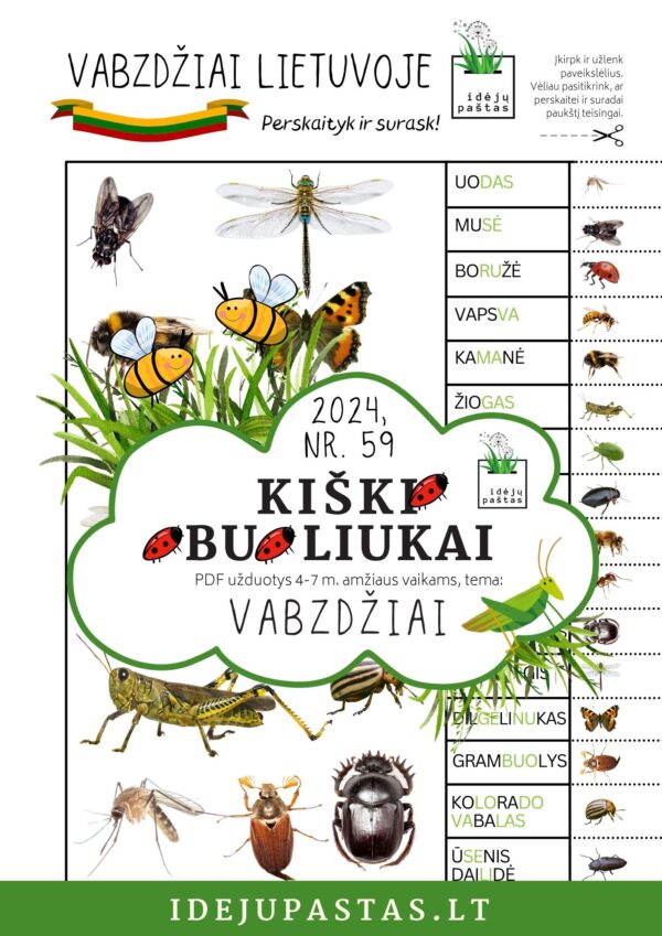 VABZDŽIAI užduotys apie vabzdžius vabalus vaikams pdf spausdinti lietuvos vabzdžiai