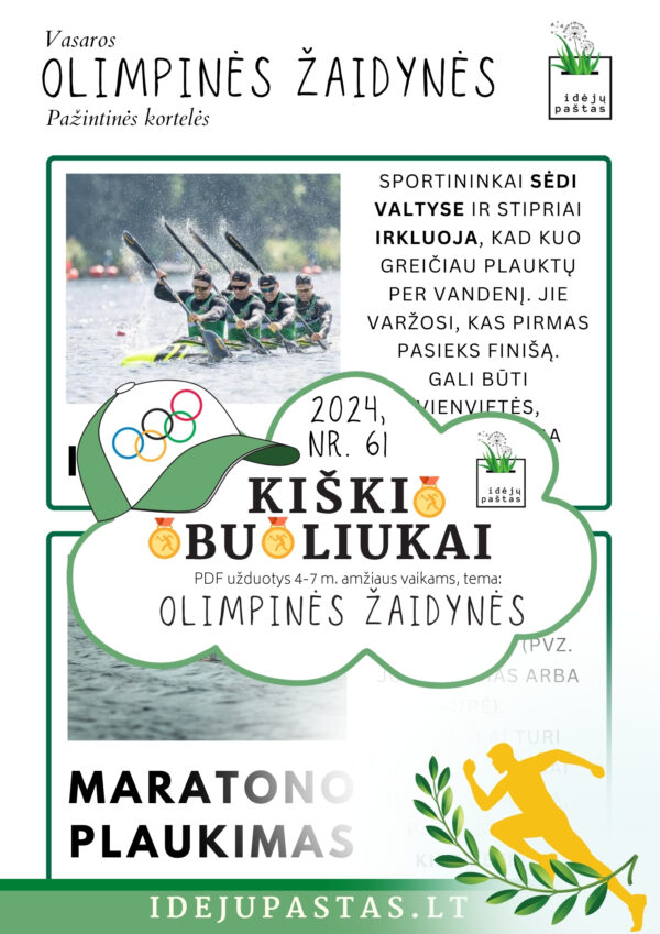 Pažintinės kortelės sporto šakos VASAROS OLIMPINĖS ŽAIDYNĖS pdf užduotys vaikams