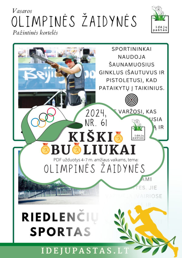 Pažintinės kortelės sporto šakos VASAROS OLIMPINĖS ŽAIDYNĖS pdf užduotys vaikams