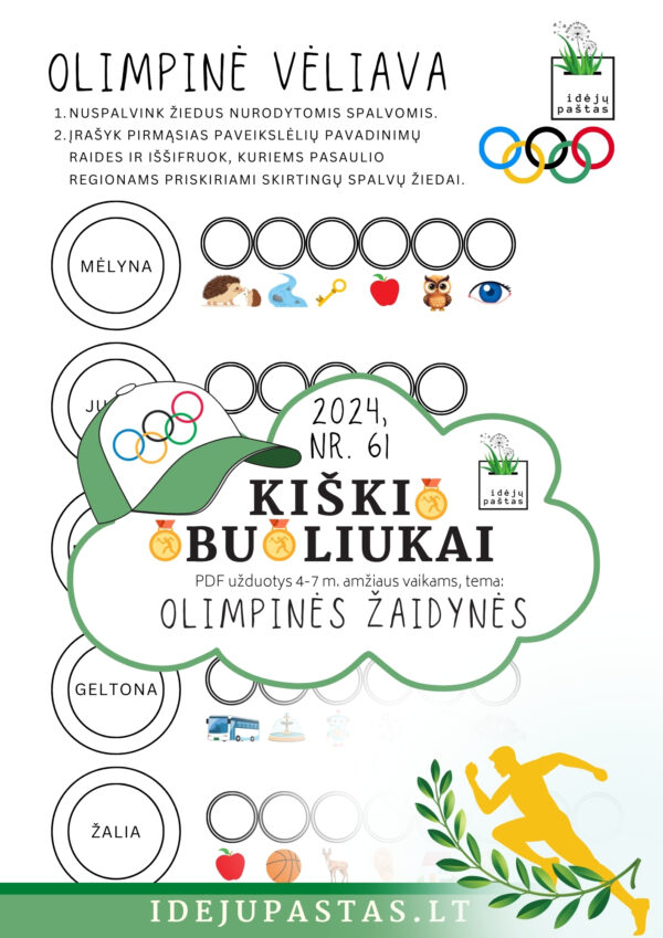 OLIMPINĖS ŽAIDYNĖS pdf užduotys vaikams olimpinė vėliava olimpiniai žiedai reikšmė