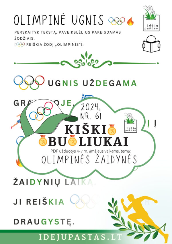 OLIMPINĖS ŽAIDYNĖS pdf užduotys vaikams olimpinė ugnis skaitymo tekstas