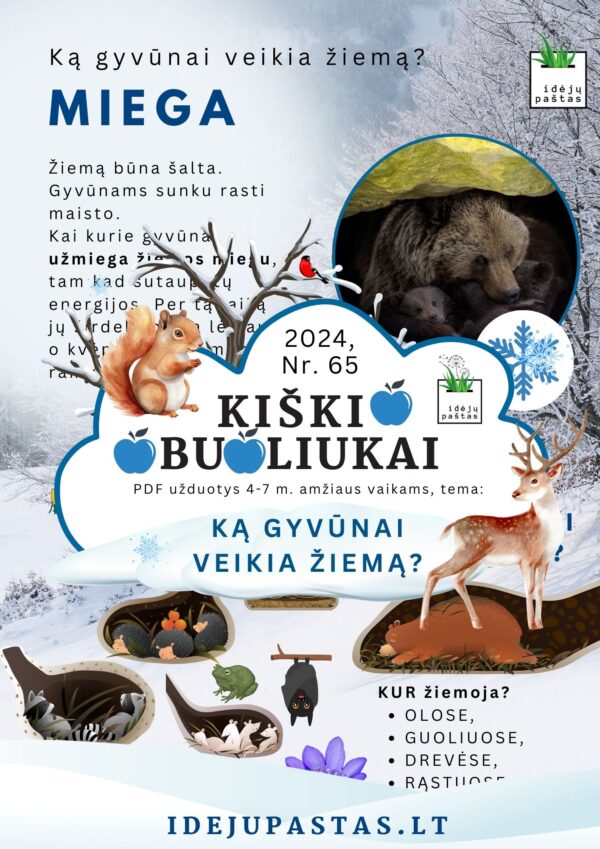 KĄ GYVŪNAI VEIKIA ŽIEMĄ UŽDUOTYS vaikams pdf spausdinti plakatas LIETUVOJE ŽIEMĄ MIEGANTYS GYVŪNAI