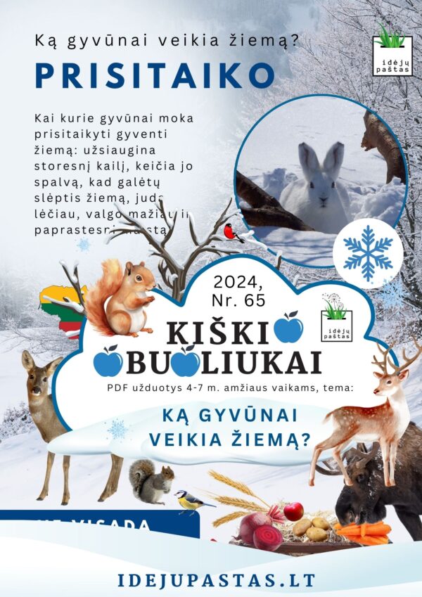 KĄ GYVŪNAI VEIKIA ŽIEMĄ UŽDUOTYS vaikams pdf spausdinti plakatas LIETUVOJE prie žiemos prisitaikantys gyvūnai
