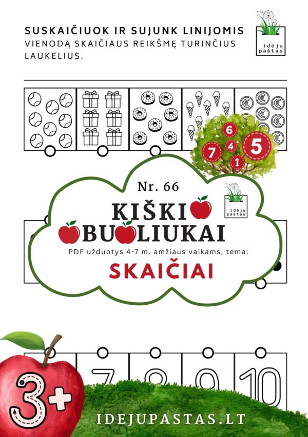 kiškio obuoliukai Nr. 66 SKAIČIAI. UŽDUOTYS APIE SKAIČIUS VAIKAMS PDF šablonai spausdinti SKAIČIŲ VIZUALIZACIJA