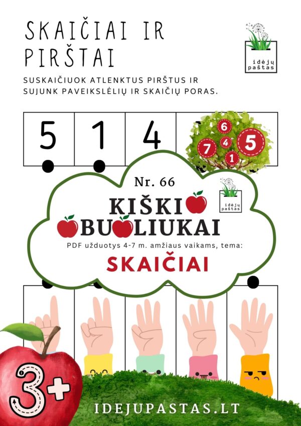 kiškio obuoliukai Nr. 66 SKAIČIAI. UŽDUOTYS APIE SKAIČIUS VAIKAMS PDF šablonai spausdinti SKAIČiai ir pirštai