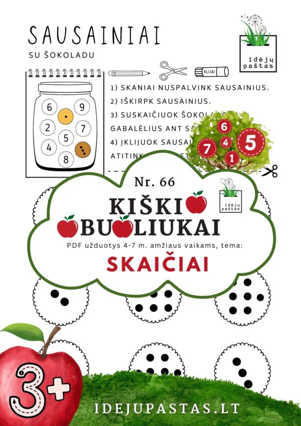 kiškio obuoliukai Nr. 66 SKAIČIAI. UŽDUOTYS APIE SKAIČIUS VAIKAMS PDF šablonai spausdinti sausainiai skaičiavimas skaičių identifikacija