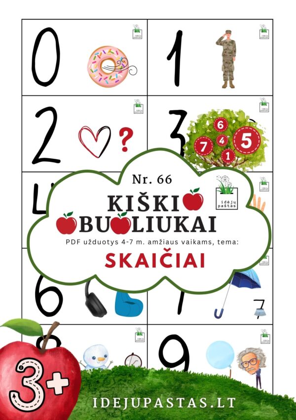 kiškio obuoliukai Nr. 66 SKAIČIAI. UŽDUOTYS APIE SKAIČIUS VAIKAMS PDF šablonai spausdinti SKAIČIŲ ASOCIACIJŲ kortelės