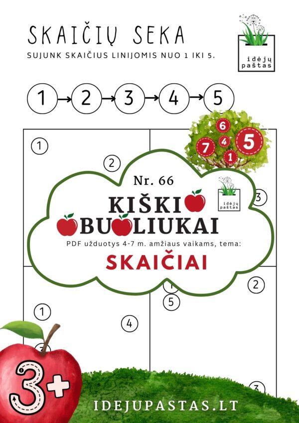 kiškio obuoliukai Nr. 66 SKAIČIAI. UŽDUOTYS APIE SKAIČIUS VAIKAMS PDF šablonai spausdinti SKAIČIŲ seka