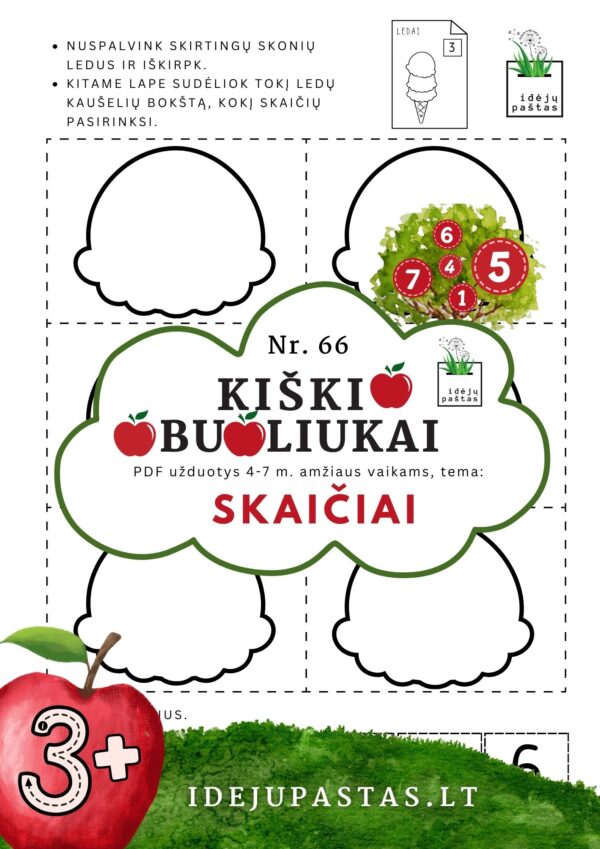 kiškio obuoliukai Nr. 66 SKAIČIAI. UŽDUOTYS APIE SKAIČIUS VAIKAMS PDF šablonai spausdinti SKAIČIavimas ledai