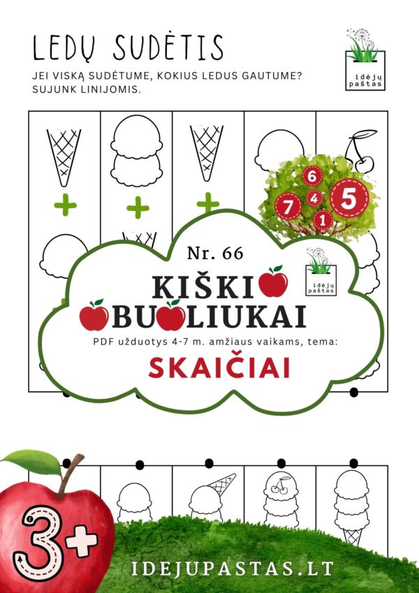 kiškio obuoliukai Nr. 66 SKAIČIAI. UŽDUOTYS APIE SKAIČIUS VAIKAMS PDF šablonai spausdinti SKAIČIavimas ledai vizualinė sudėtis