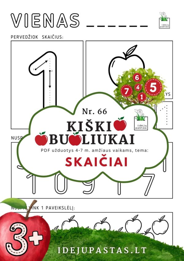 kiškio obuoliukai Nr. 66 SKAIČIAI. uŽDUOTYS APIE SKAIČIUS VAIKAMS PDF šablonai spausdinti skaičius vienas pratybos