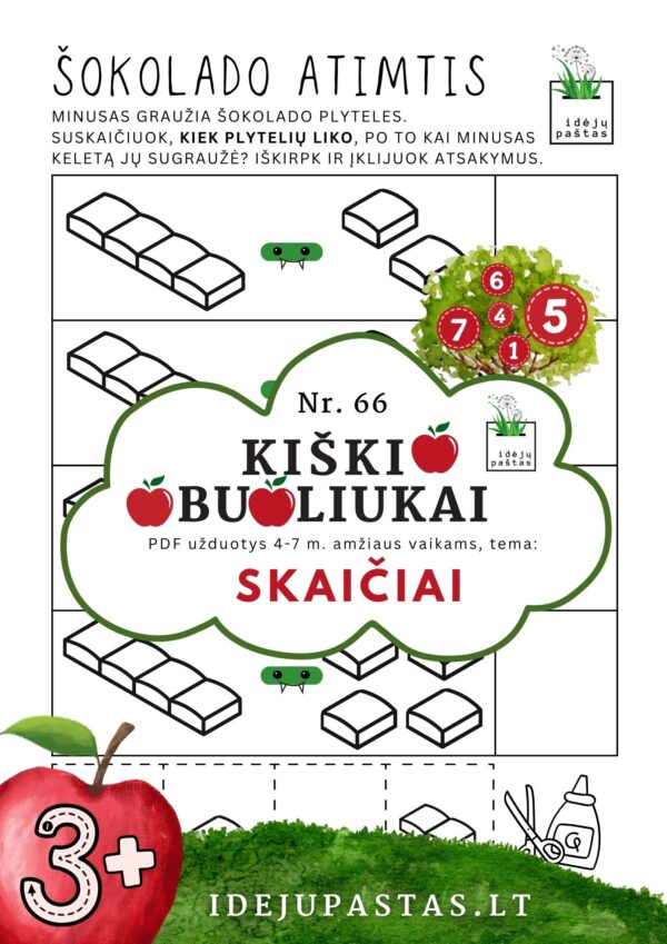 kiškio obuoliukai Nr. 66 SKAIČIAI. UŽDUOTYS APIE SKAIČIUS VAIKAMS PDF šablonai spausdinti SKAIČIavimas šokoladas vizualinė atimtis