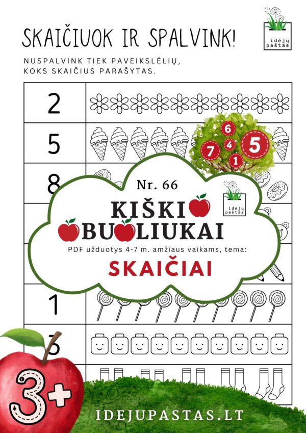 kiškio obuoliukai Nr. 66 SKAIČIAI. UŽDUOTYS APIE SKAIČIUS VAIKAMS PDF šablonai spausdinti nuspalvink tiek, koks skaičius parašytas