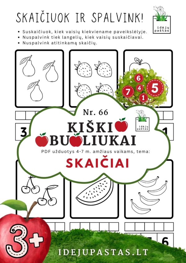 kiškio obuoliukai Nr. 66 SKAIČIAI. UŽDUOTYS APIE SKAIČIUS VAIKAMS PDF šablonai spausdinti objektų skaičiavimas ir žymėjimas