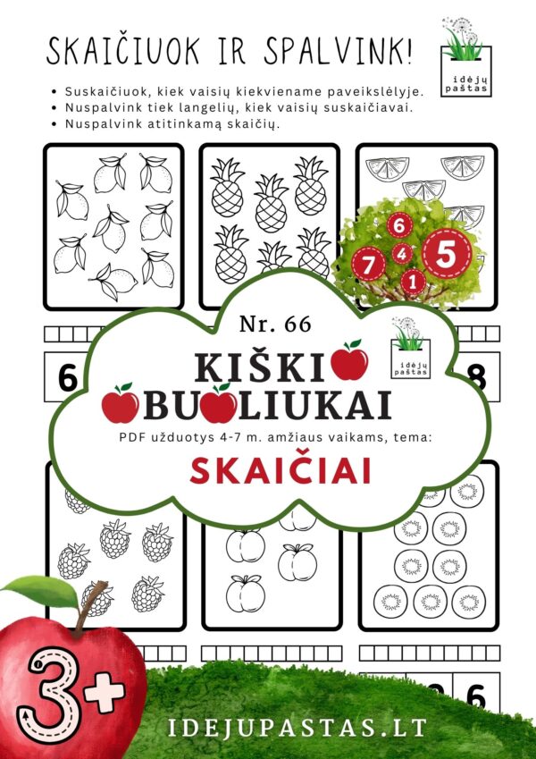 kiškio obuoliukai Nr. 66 SKAIČIAI. UŽDUOTYS APIE SKAIČIUS VAIKAMS PDF šablonai