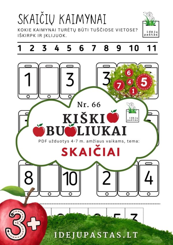 kiškio obuoliukai Nr. 66 SKAIČIAI. UŽDUOTYS APIE SKAIČIUS VAIKAMS PDF šablonai skaičių seka