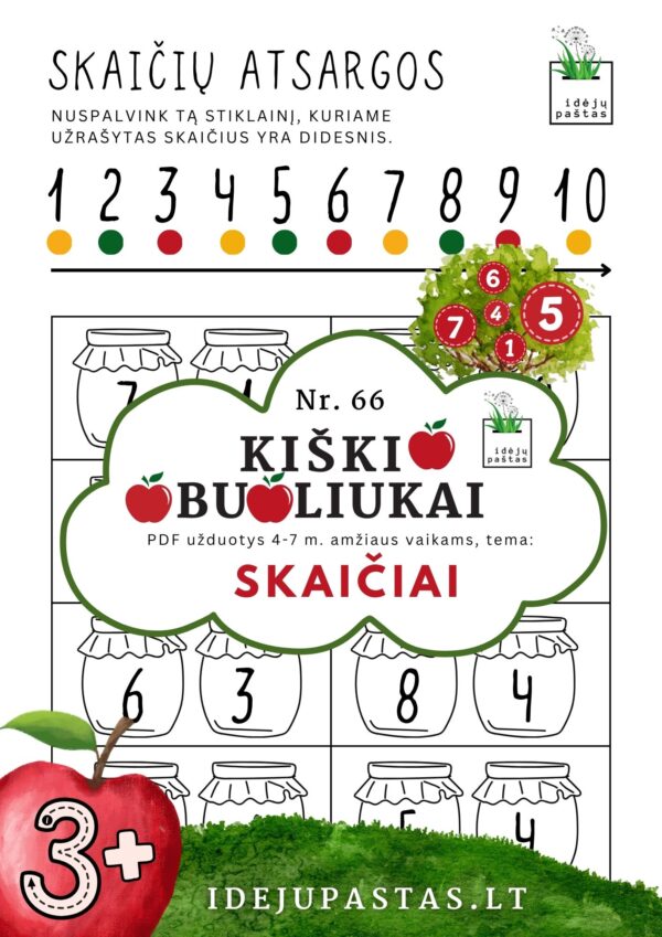 kiškio obuoliukai Nr. 66 SKAIČIAI. UŽDUOTYS APIE SKAIČIUS VAIKAMS PDF šablonai spausdinti daugiau mažiau