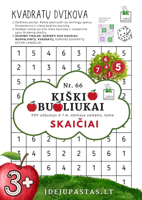 UŽDUOTYS APIE SKAIČIUS VAIKAMS PDF šablonai žaidimas skaičių kvadratas