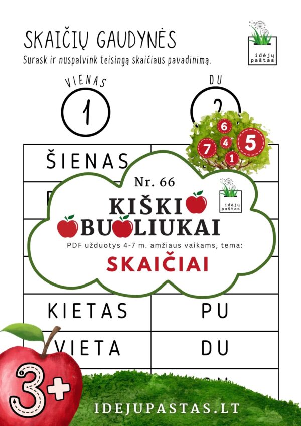 kiškio obuoliukai Nr. 66 SKAIČIAI. UŽDUOTYS APIE SKAIČIUS VAIKAMS PDF šablonai spausdinti skaičių pavadinimai skaitymo pratimai