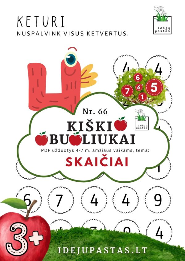 kiškio obuoliukai Nr. 66 SKAIČIAI. UŽDUOTYS APIE SKAIČIUS VAIKAMS PDF šablonai spausdinti dėmesio koncentracija