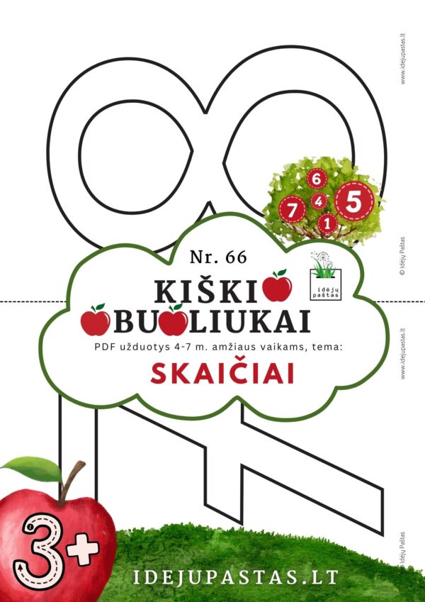 kiškio obuoliukai Nr. 66 SKAIČIAI. UŽDUOTYS APIE SKAIČIUS VAIKAMS PDF šablonai spausdinti skaičių spalvinimo šablonai trafaretai