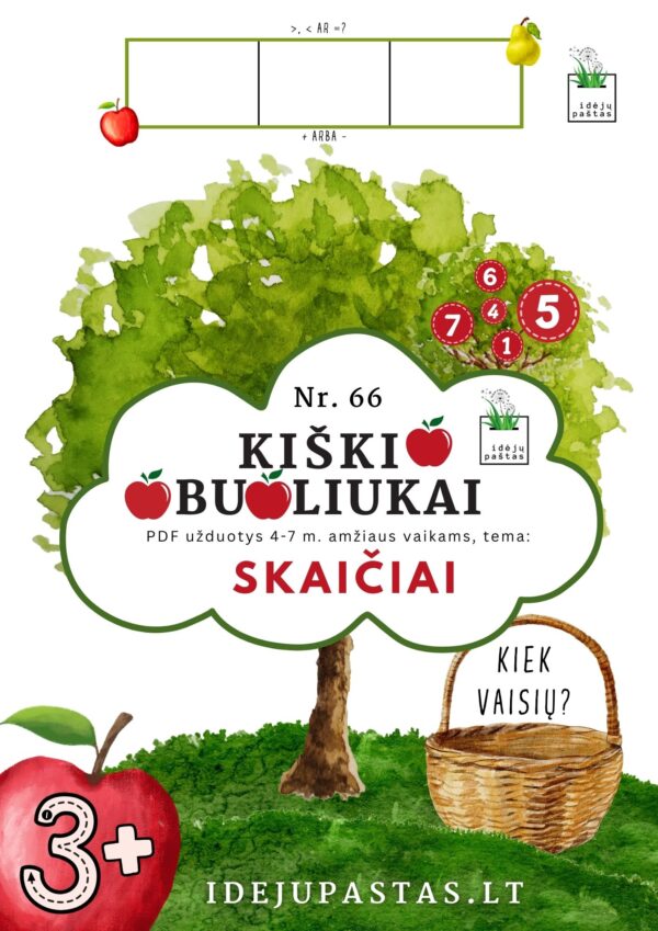kiškio obuoliukai Nr. 66 SKAIČIAI. UŽDUOTYS APIE SKAIČIUS VAIKAMS PDF šablonai spausdinti skaičių sodas ugdymo priemonė